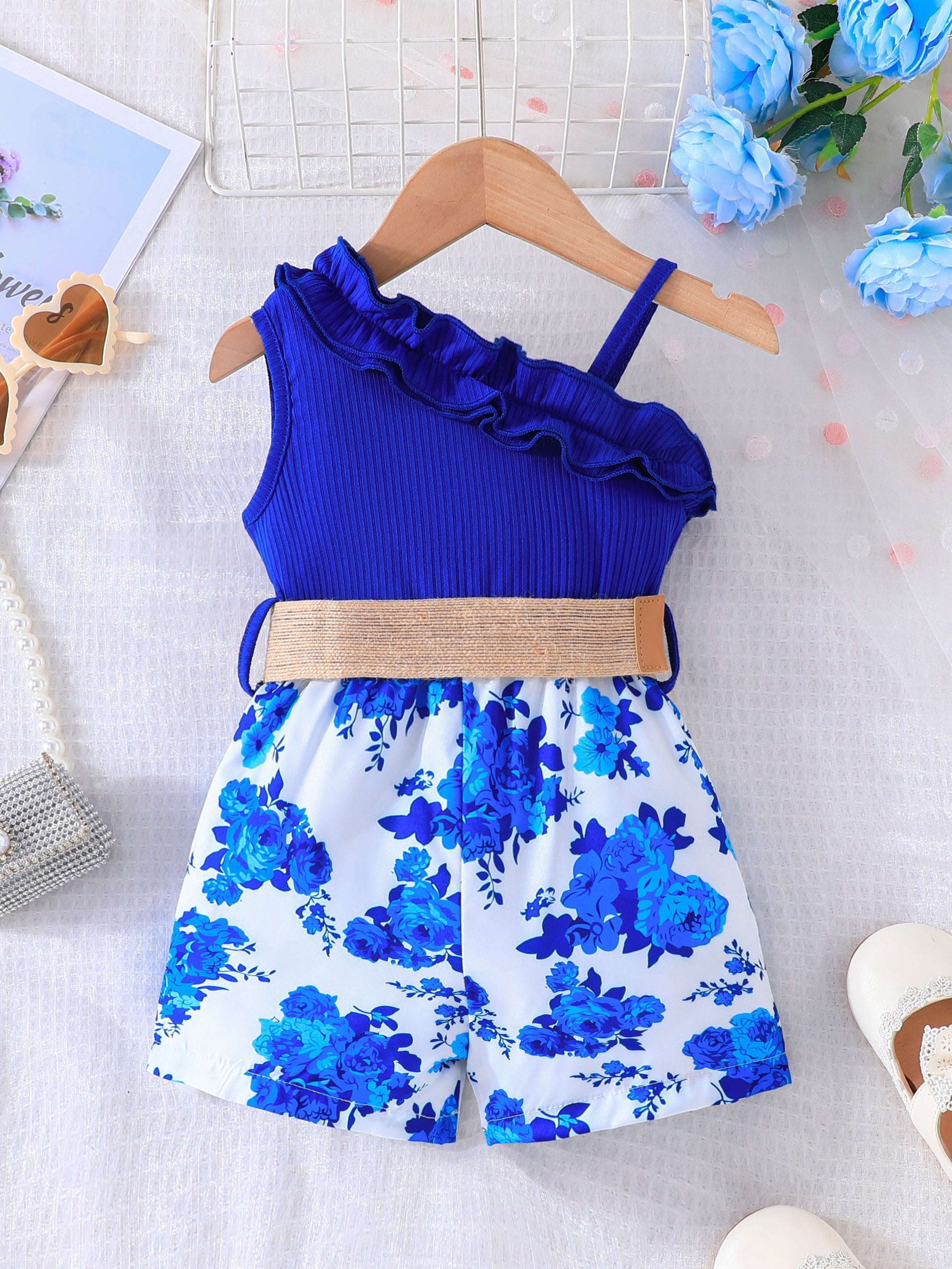 Girls Floral Print Sleeveless Romper with Belt for Spring Summer Outdoor Wear