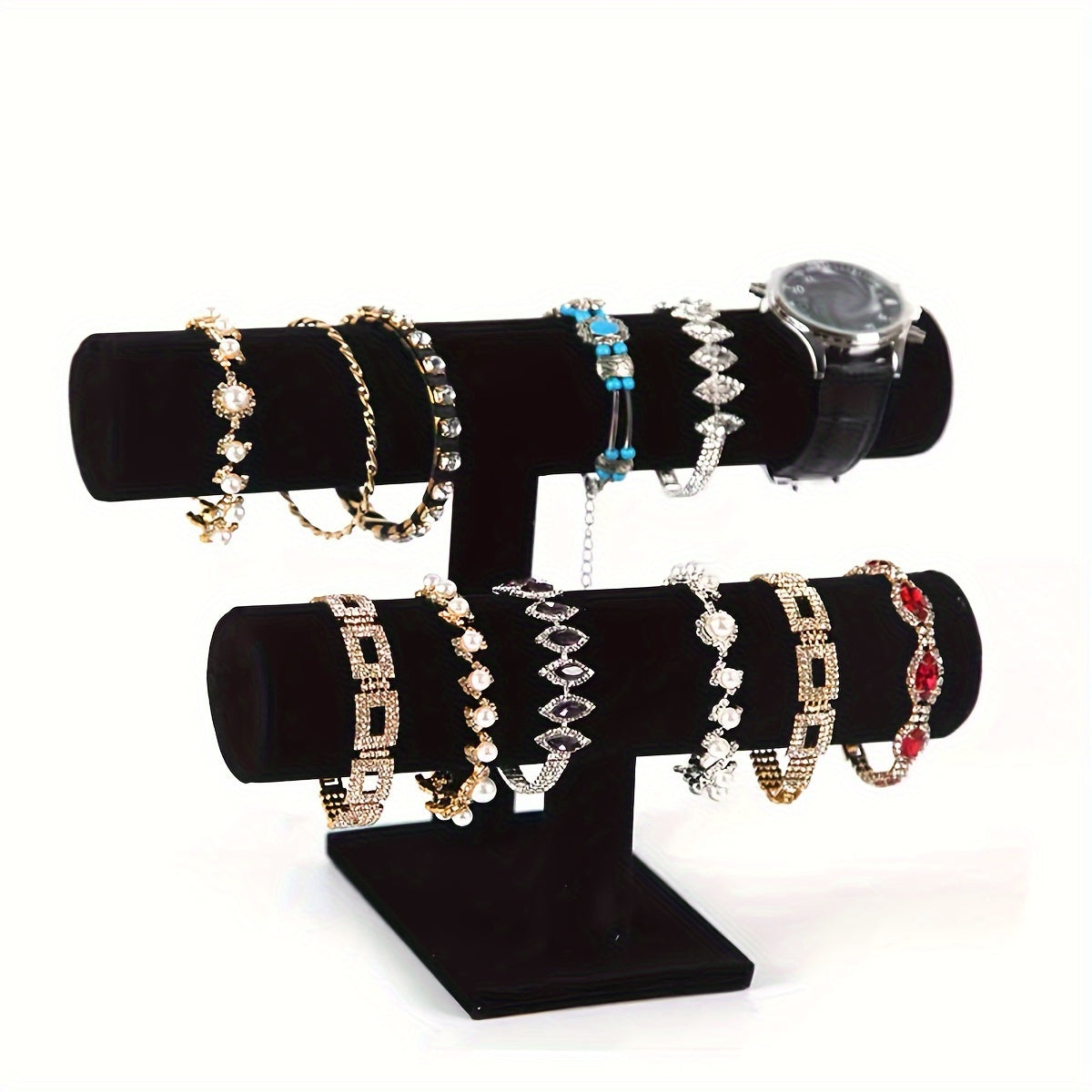 Large Capacity Jewelry Organizer with Scratch-Resistant Black Double Layer Display Stand