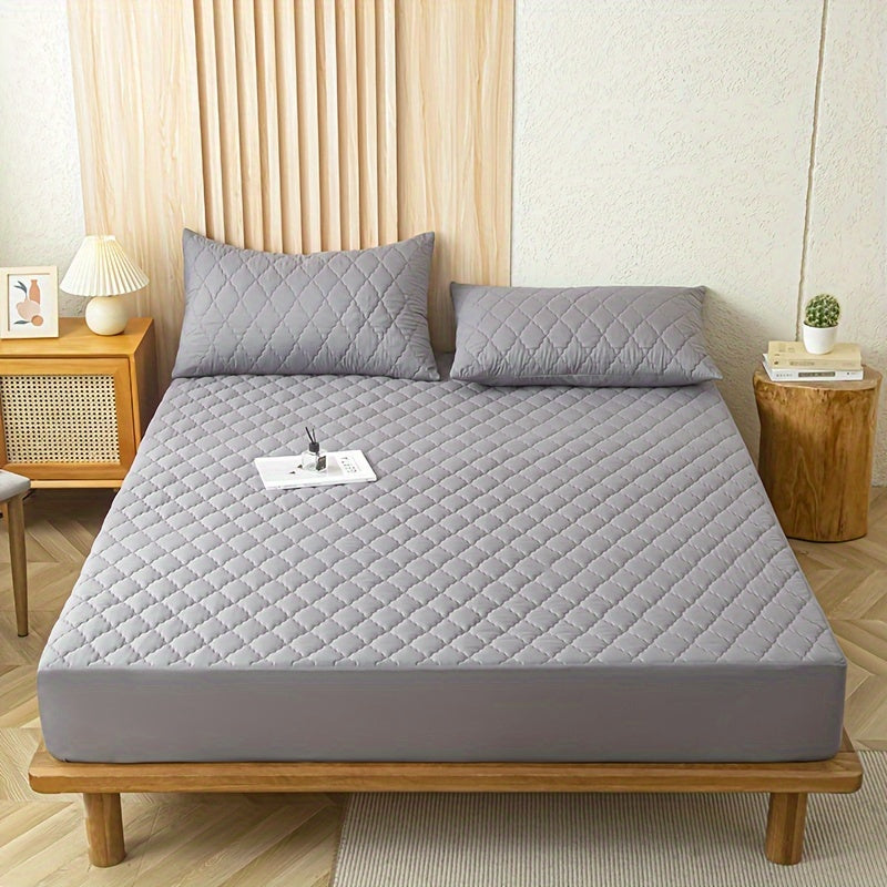 Gray Waterproof Fitted Sheet with Layered Design Soft Frosted Fabric Mattress Cover Rhombus Grid