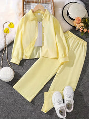 Girls Autumn Striped Long-Sleeve Shirt and Trousers Set Polyester Casual Outdoor Wear