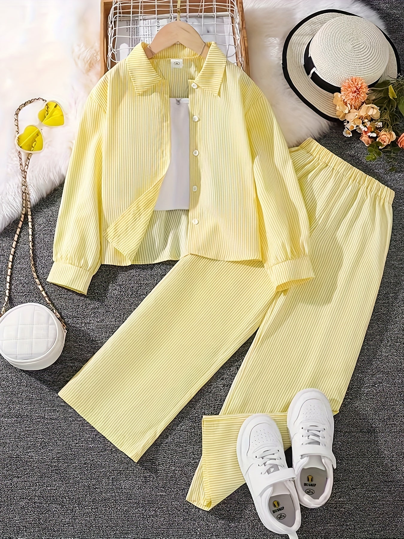 Girls Autumn Striped Long-Sleeve Shirt and Trousers Set Polyester Casual Outdoor Wear