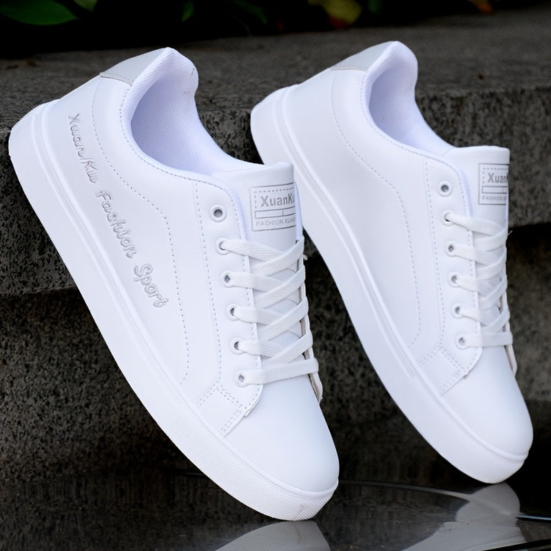 Men's White Skate Sneakers with Letter Embroidery, Casual Low-Top Shoes