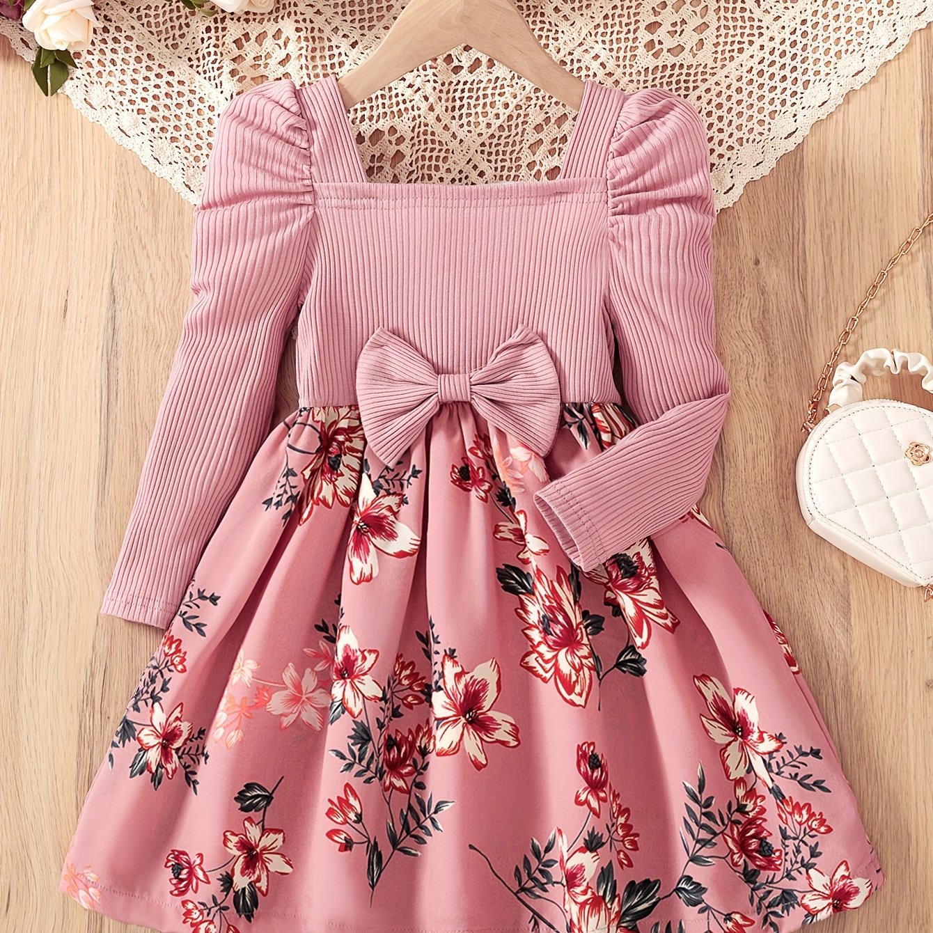Girls Floral Print Midi Dress with Ruffle Shoulders Long Sleeves Cotton Knit All-Season