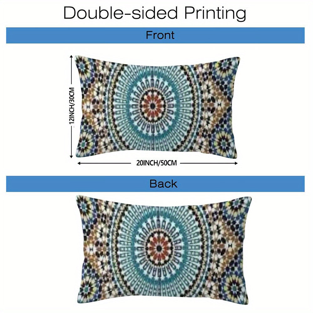 Ikki dona Marokash Zellij san'ati naqshli yostiq qopqog'i to'plami, har biri 30.48x50.8 sm o'lchamda. Divan yoki yotoq xonasi bezatishiga uslub qo'shish uchun mo'ljallangan ikki tomonlama qisqa plush dizayni mavjud.