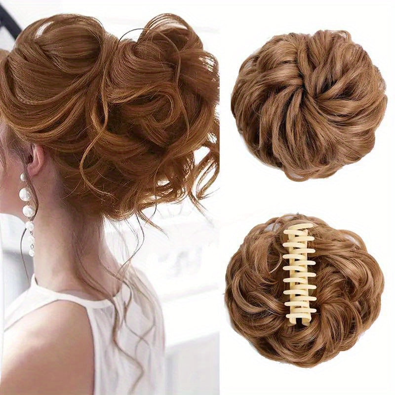 Women's Wavy Curly Hair Bun Synthetic Fiber Updo Hairpiece with Claw Clip
