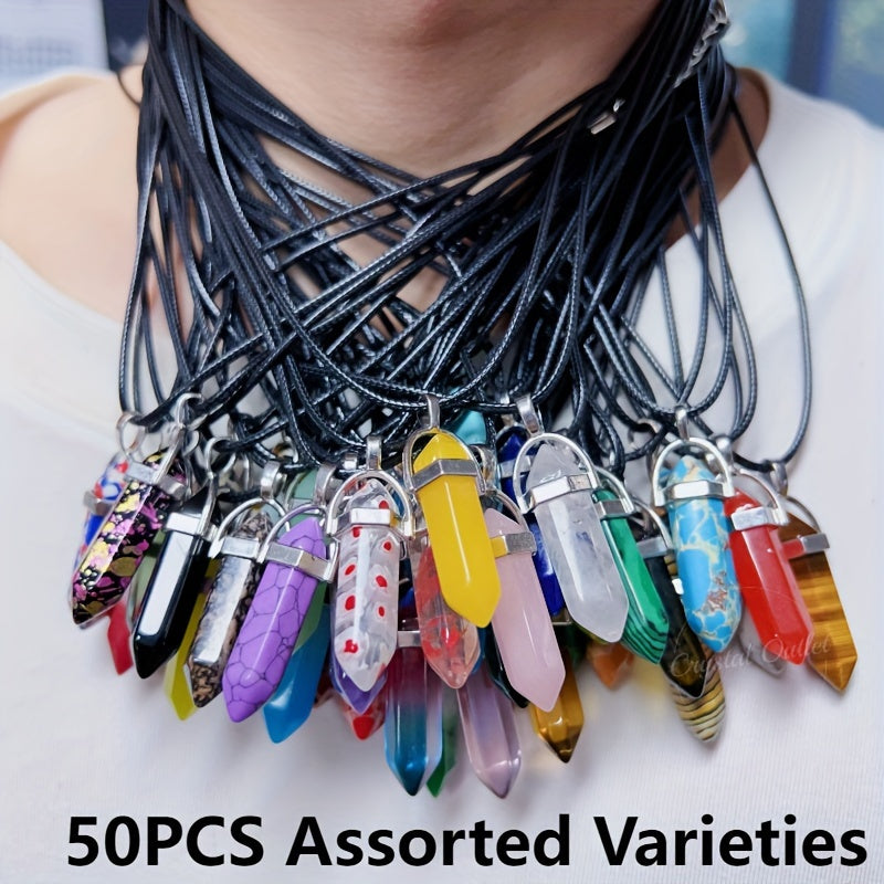 Black Faux Leather Rope Necklace with Crystal Hexagonal Pendant