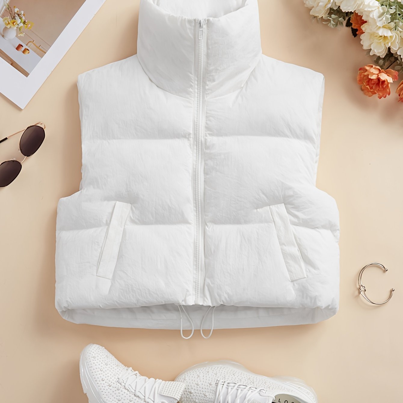 Women's Puffer Vest Fall Winter Sleeveless Zip-Up Casual Solid Polyester High Neck Padded Coat