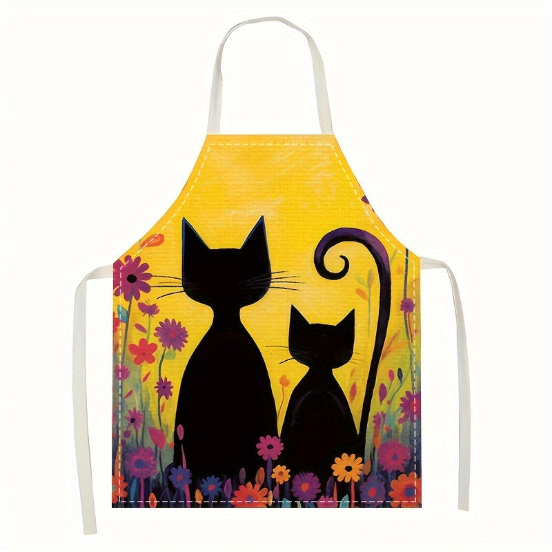 Linen Apron with Retro Cat Painting Pattern for Kitchen Cooking and Cleaning