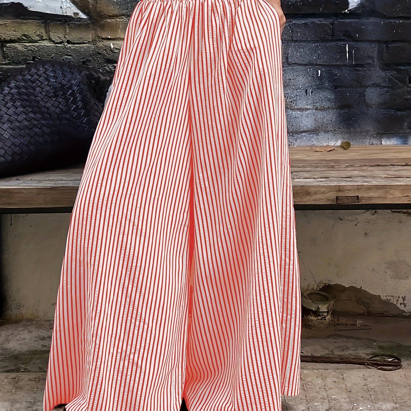 Women's Polyester Wide-Leg Pants Elastic Waist Black and White Stripes