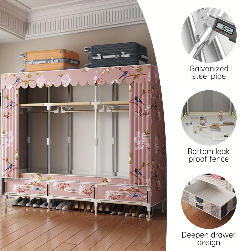 Pink Floral and Bird Pattern Wardrobe Closet with Cover and Metal Frame for Bedroom or Rental Space