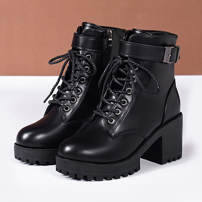 Women’s Leather Lace-Up High Heeled Short Boots Black