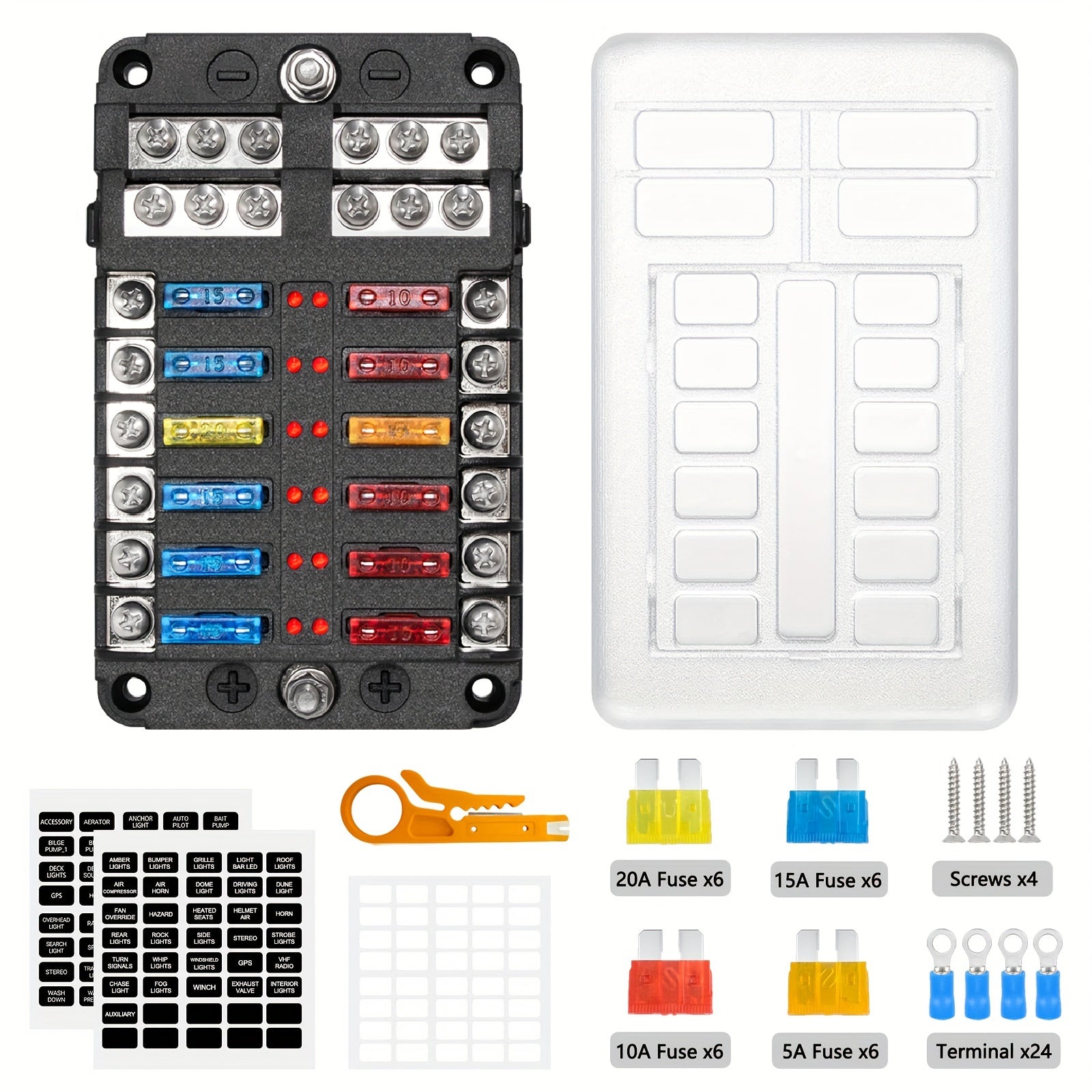 6/12 Blade Fuse Box with LED Indicator 12V Durable Flame-Retardant PBT