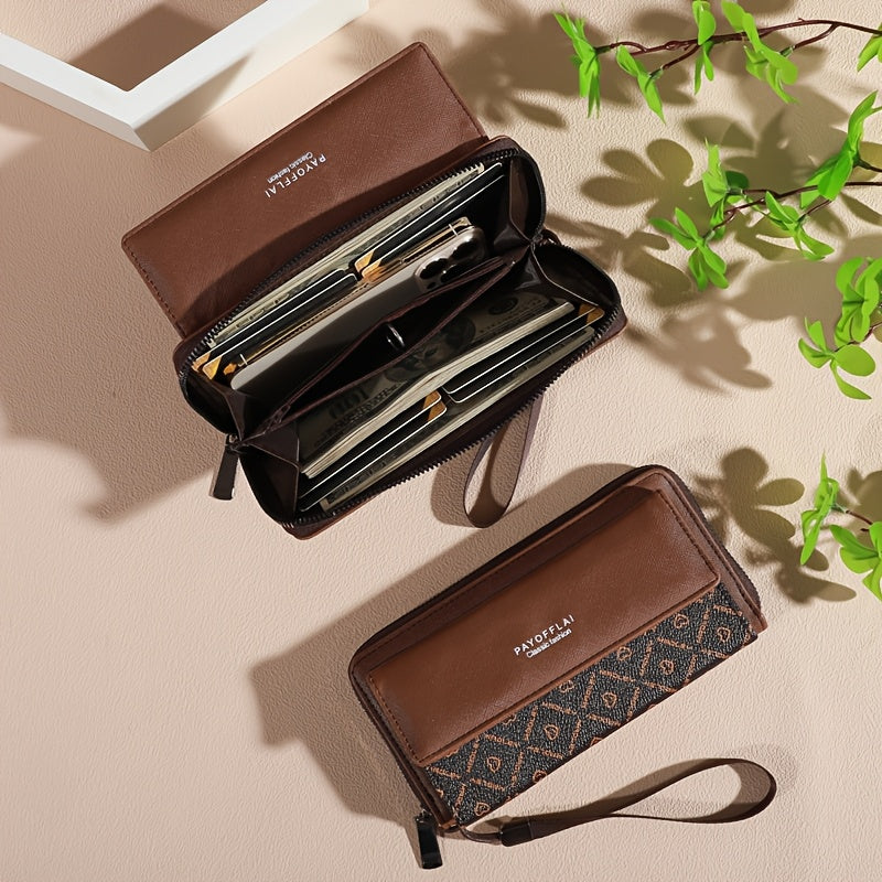 Vintage Women's Faux Leather Wallet with Wristlet Dual-Clasp Closure Zipper Card Slots Photo Pocket