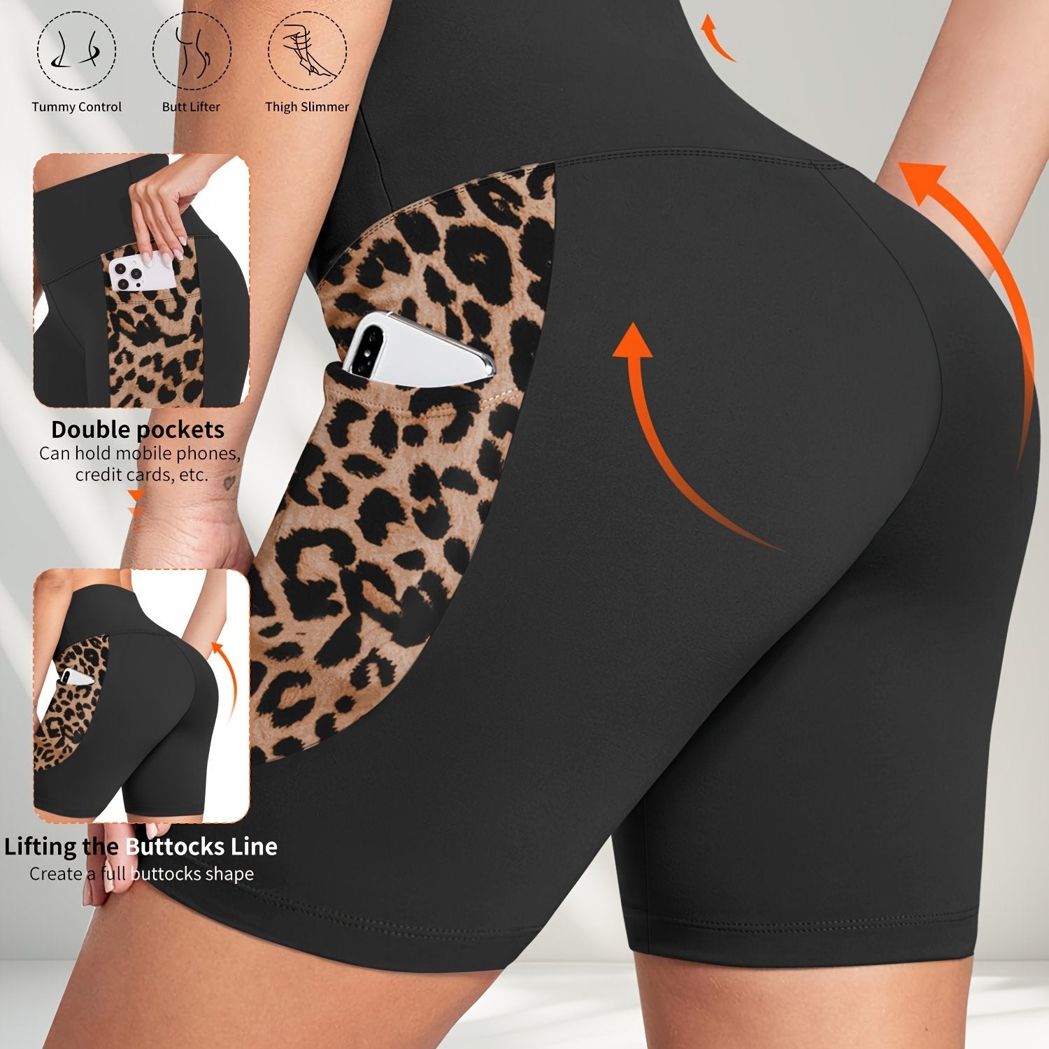 Women's Leopard Print High-Waist Tummy Control Shorts with Pockets