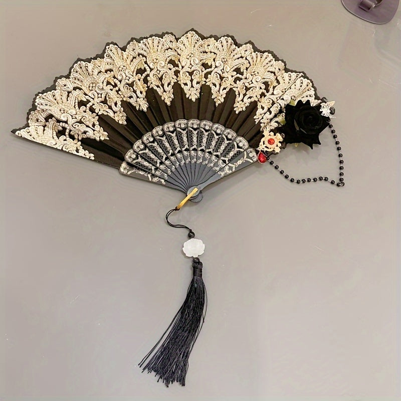 Golden Foil Folding Fan with Baroque Rose Design and Tassel for Women