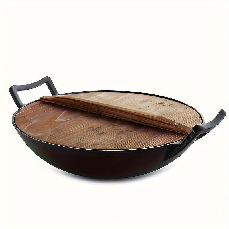 Large Traditional Wok with Dual Handles and Cedar Wood Lid for Induction and Gas Stoves