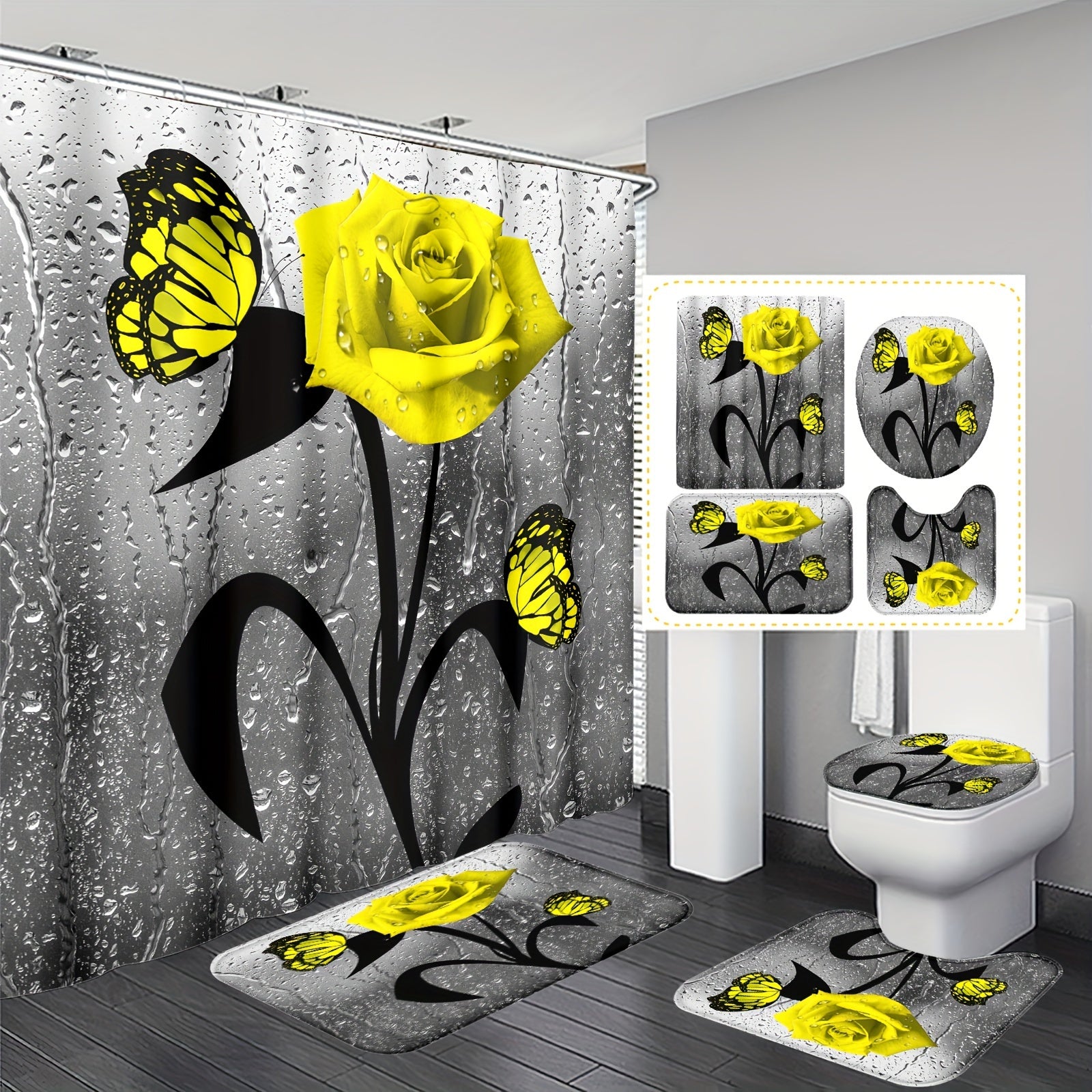 Water Drop Rose Printed Bathroom Shower Curtain Set with Hooks Non-Slip Mat Toilet Lid Mat Bathtub Partition