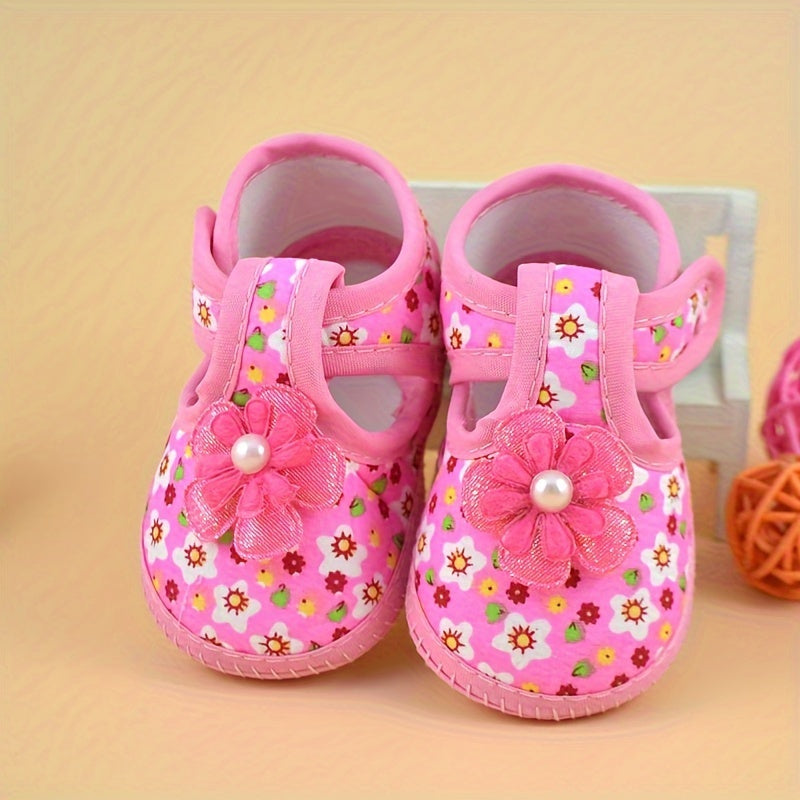 Pink Floral Baby Shoes for 0-1 Year Olds Lightweight Fabric Sequin Flowers Adjustable Strap