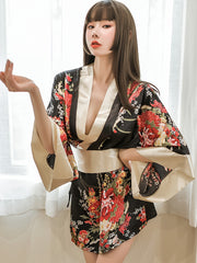 Women's Floral Print Kimono Lingerie Set with Bow Belt and Thong