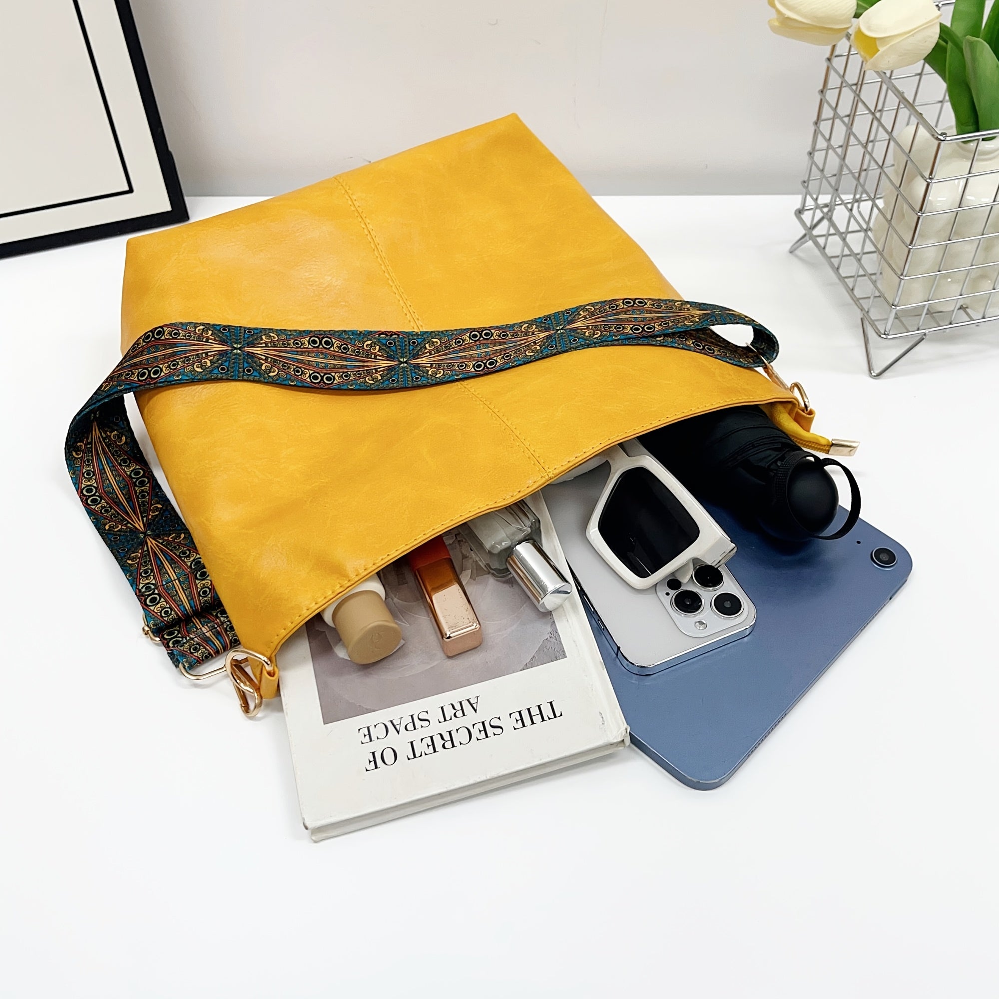 Bohemian Style Geometric PU Leather Hobo Bag for Going Out Light Brown