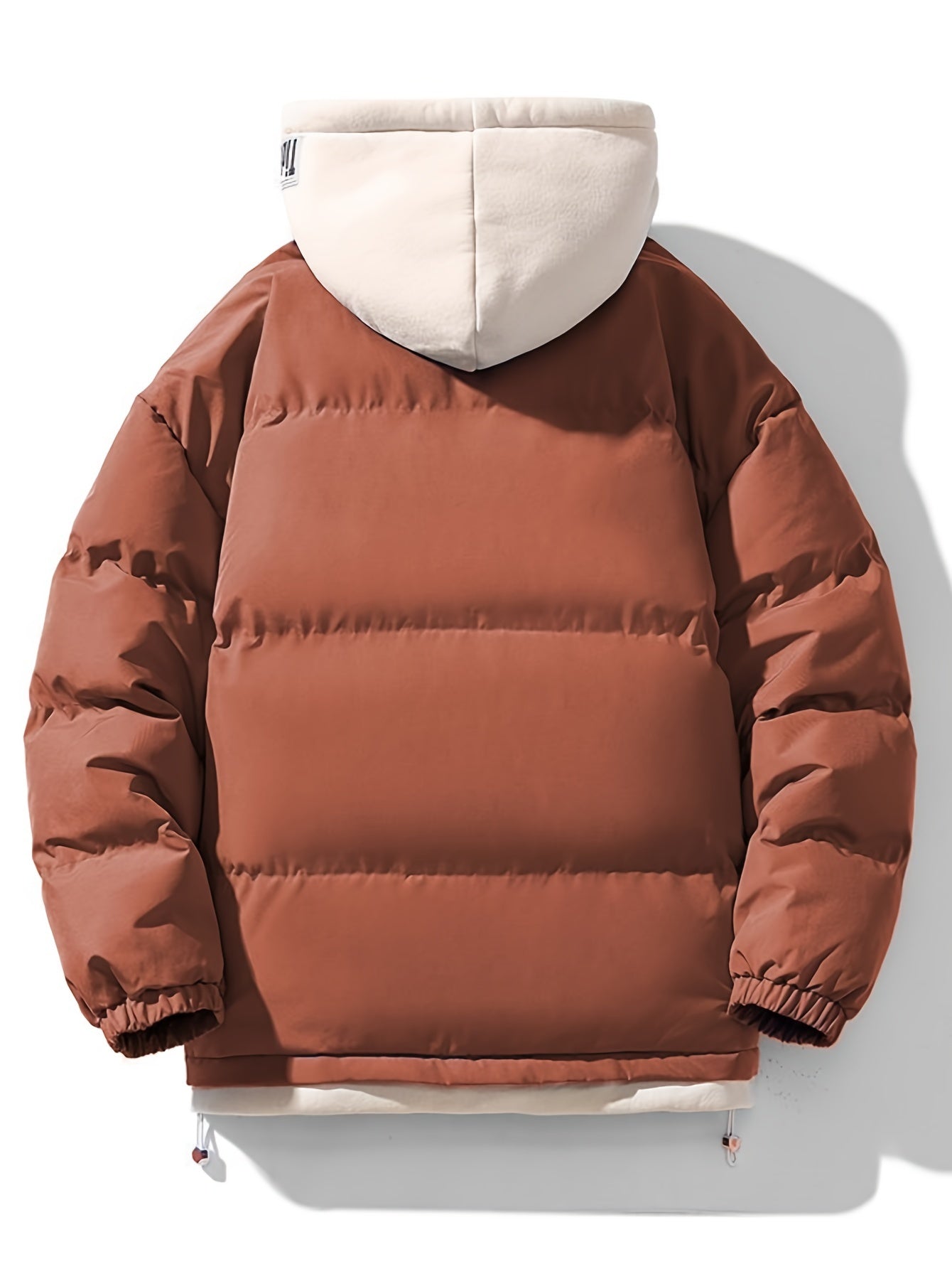 Men's Winter Jacket Hooded Zipper Coat with Pockets Polyester Solid Color Casual