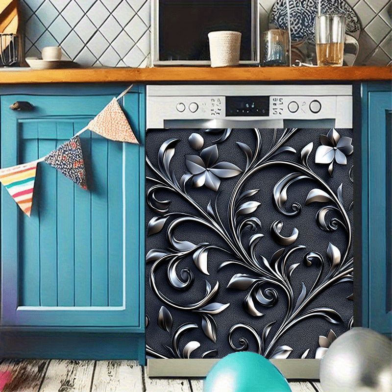 Qorong'i gul bosilgan idish-tovoq magnit stiker, suv o'tkazmaydigan, bezakli oshxona texnikasi, qora, kumush barg, 58.5x65 sm