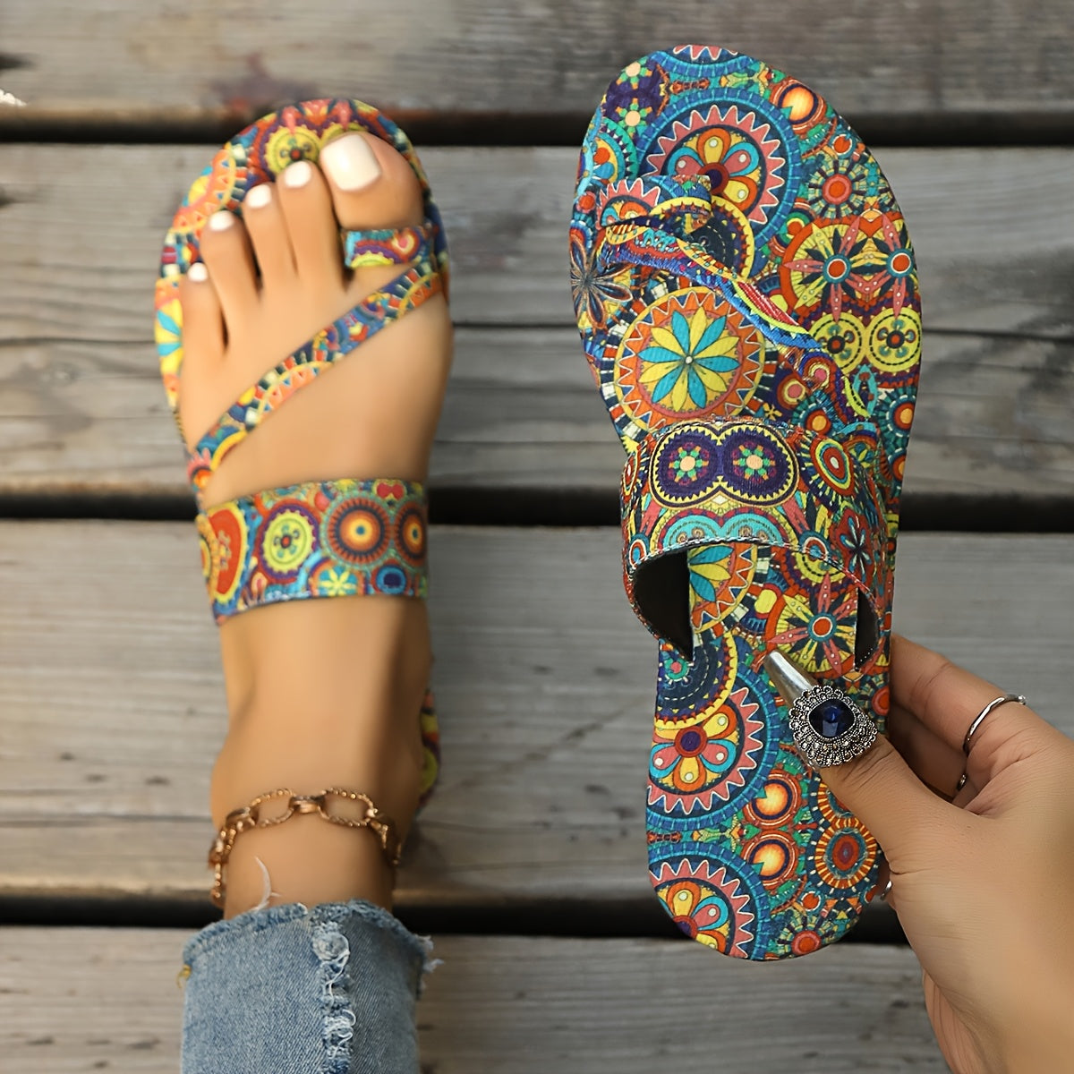 Women’s Bohemian Flat Sandals Summer Open Toe Slides with Buckle