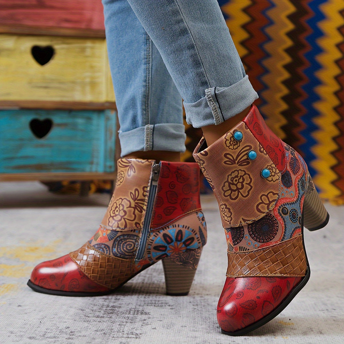 Women Bohemian Ankle Boots Fabric Insole Block Heel with Floral Patterns