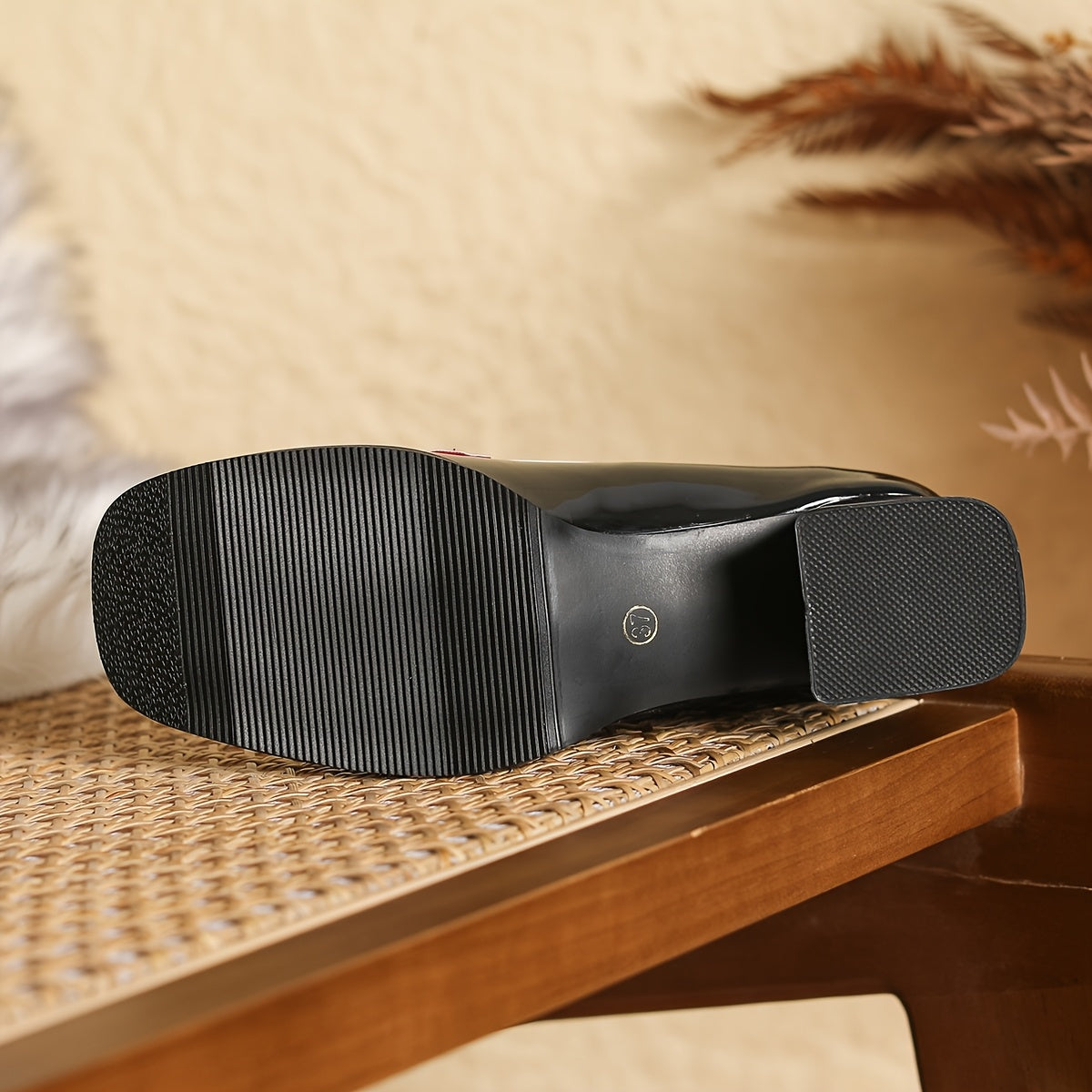 Women Flats Black And Red Block Heel Square Toe Non-Slip All-Season Comfortable Shoes