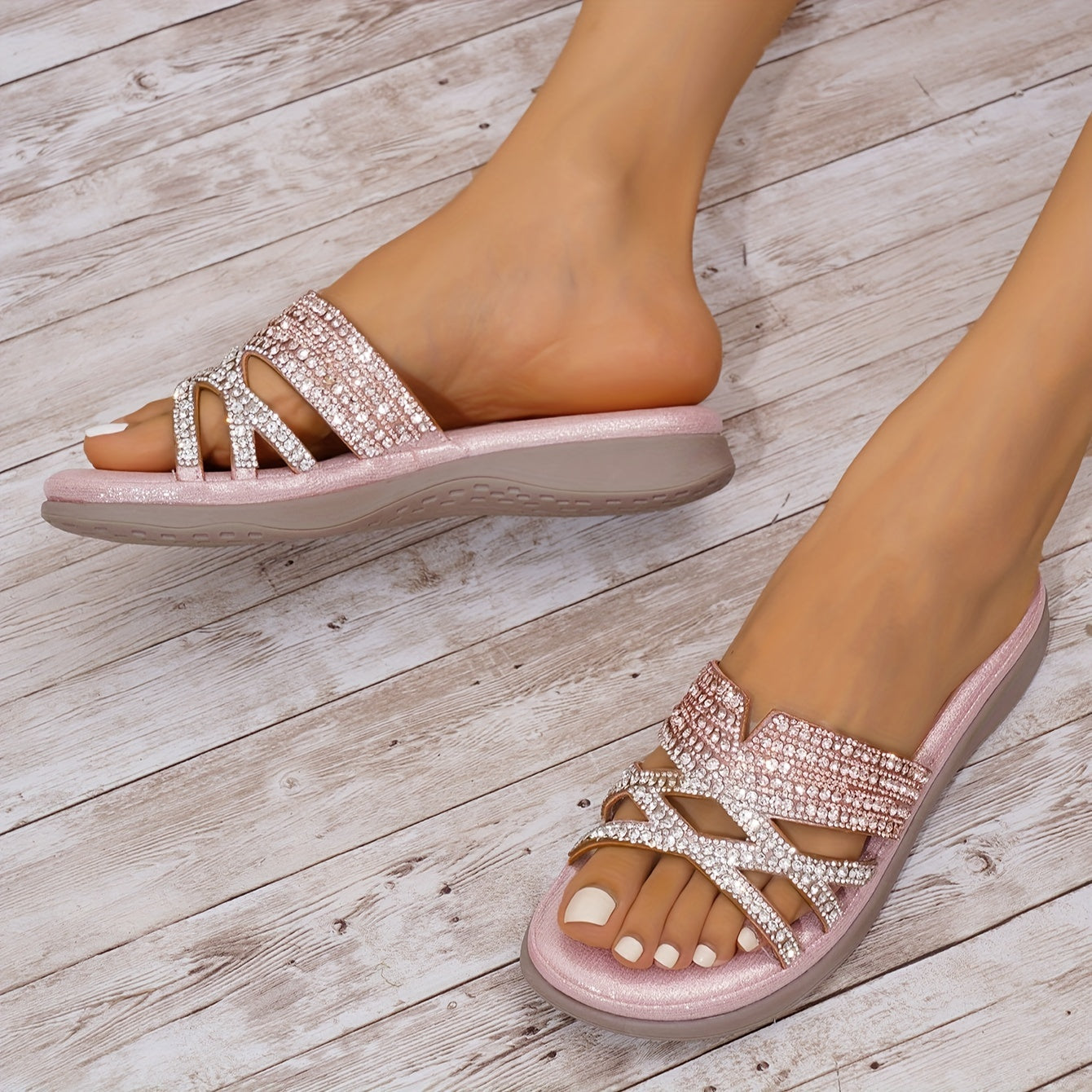 Women's Bohemian Flat Slides Rhinestone Embellished Casual Open Toe Slip-ons