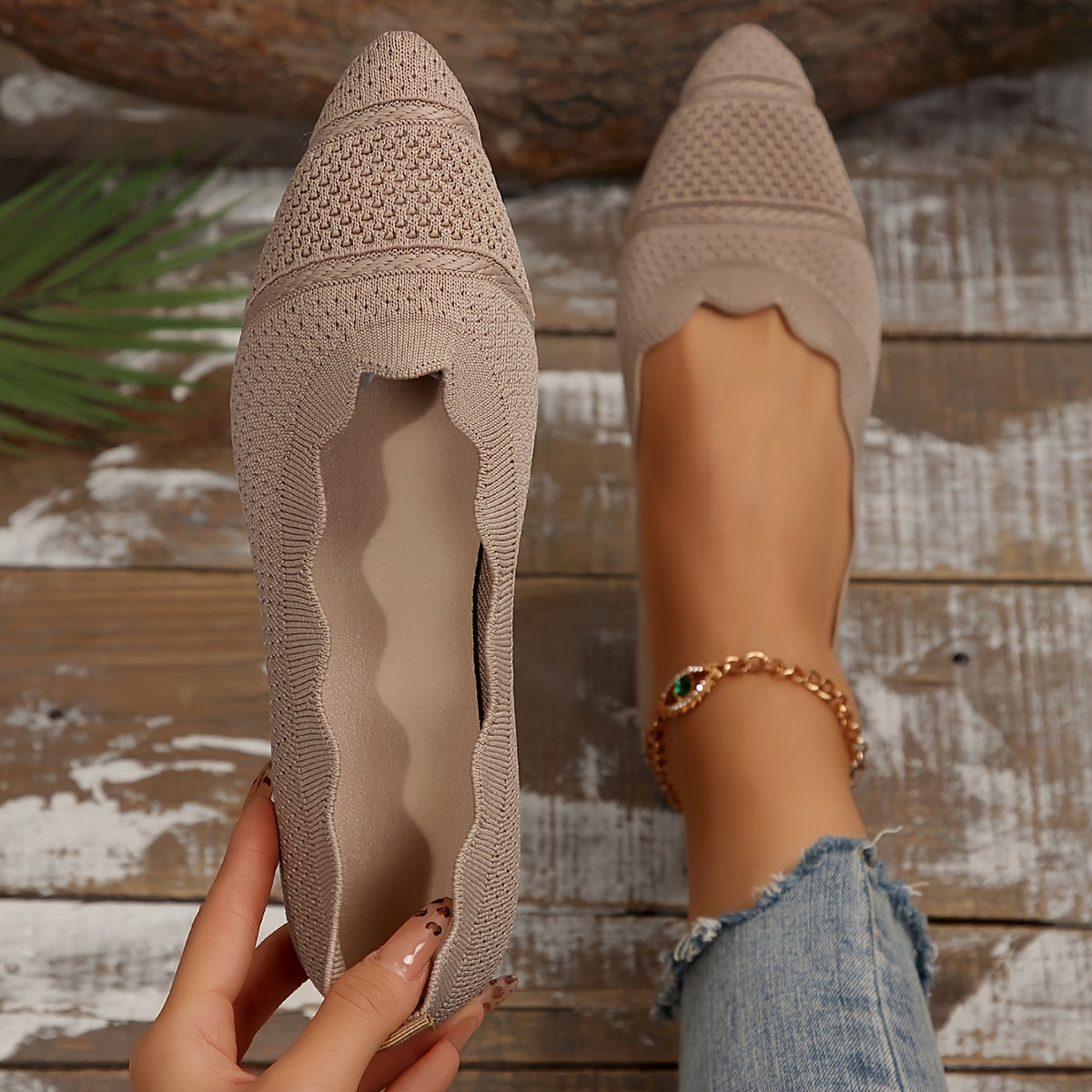 Women’s Ballet Flats Casual Slip-On Knit Pointed Toe Ankle Strap Shoes