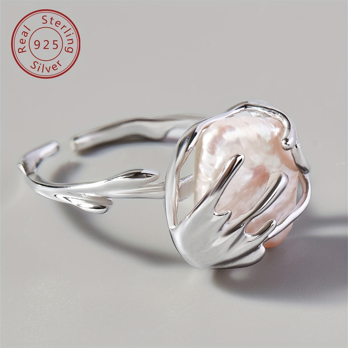 Кольцо из стерлингового серебра с пресноводным жемчугом и текстурой раттана для женщин