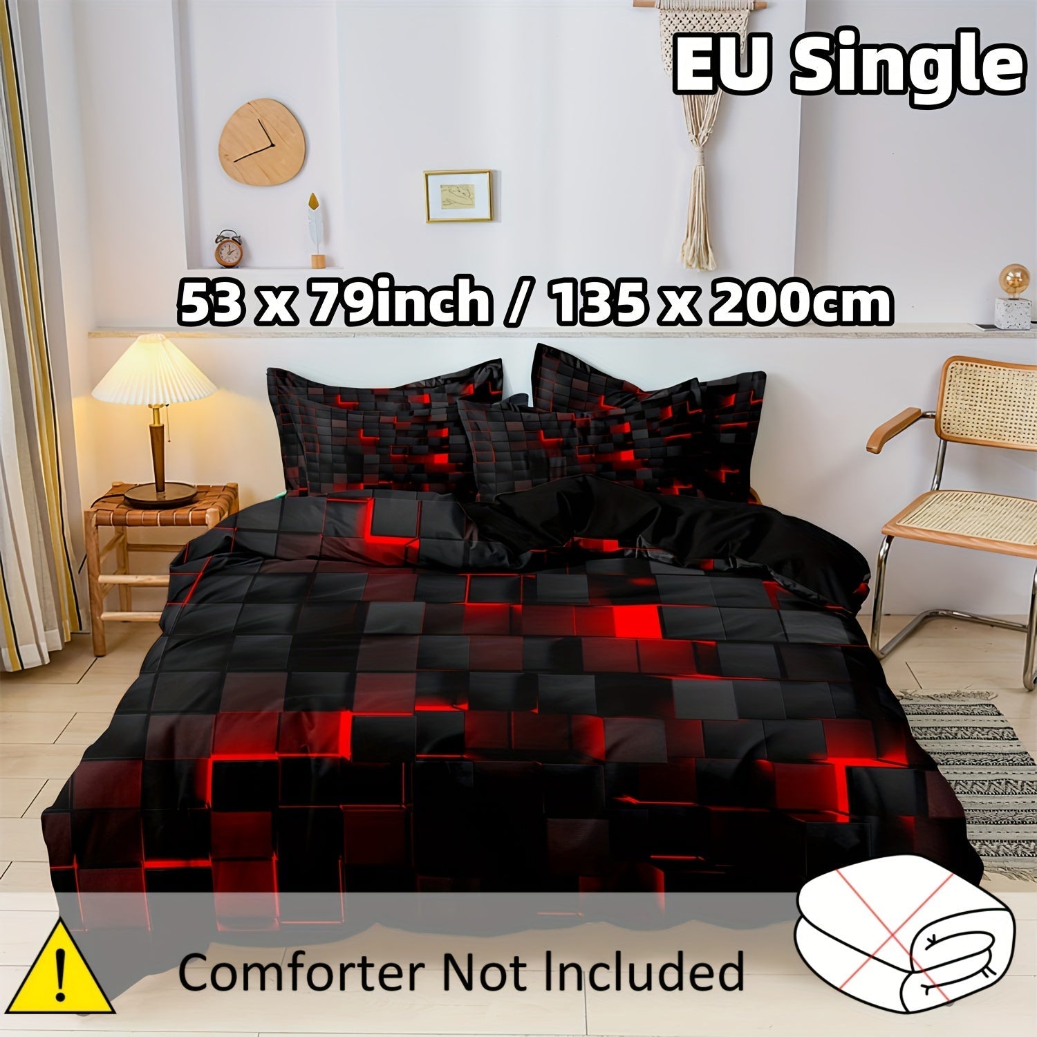 Conjunto de funda nórdica con patchwork en rojo y negro con fundas de almohada, hipoalergénico, poliéster, lavable a máquina, individual, doble, reina, tamaño king