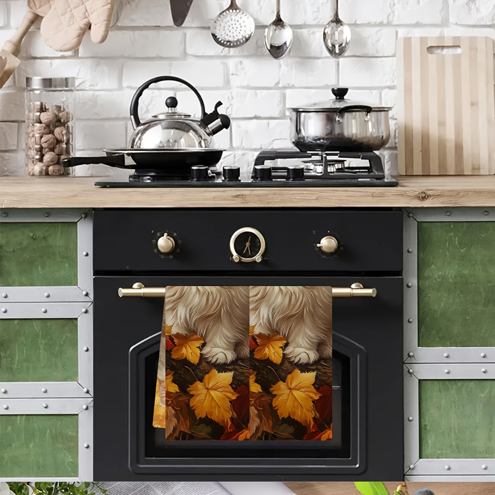 Set of 2 Autumn Persian Cat Art Dish Towels 40x60cm Soft Absorbent Colorful Leaves