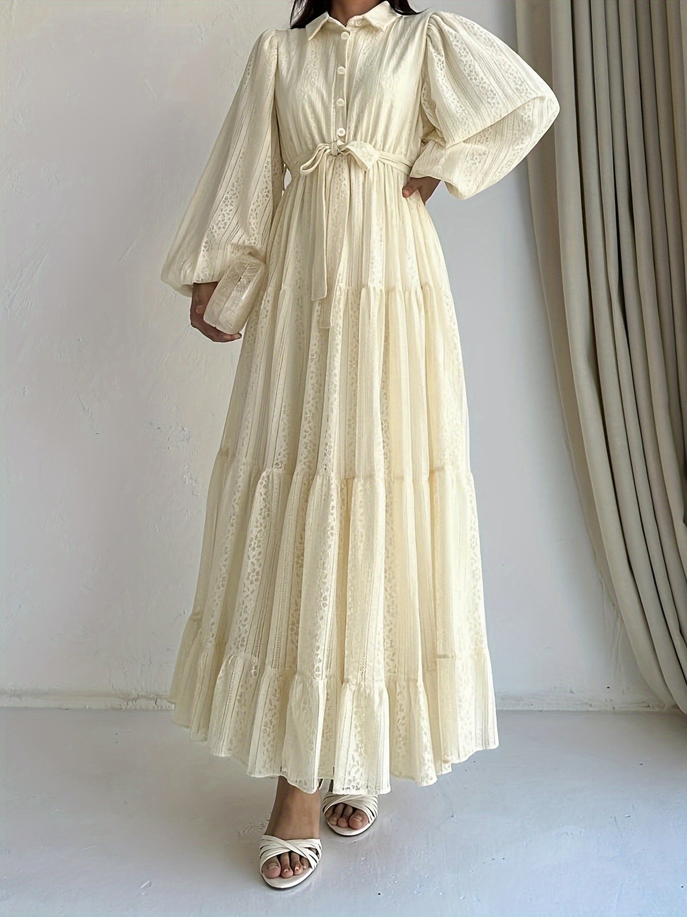 Women's Long Robe Dress with Lace Collar Solid Color Polyester Spandex All Seasons