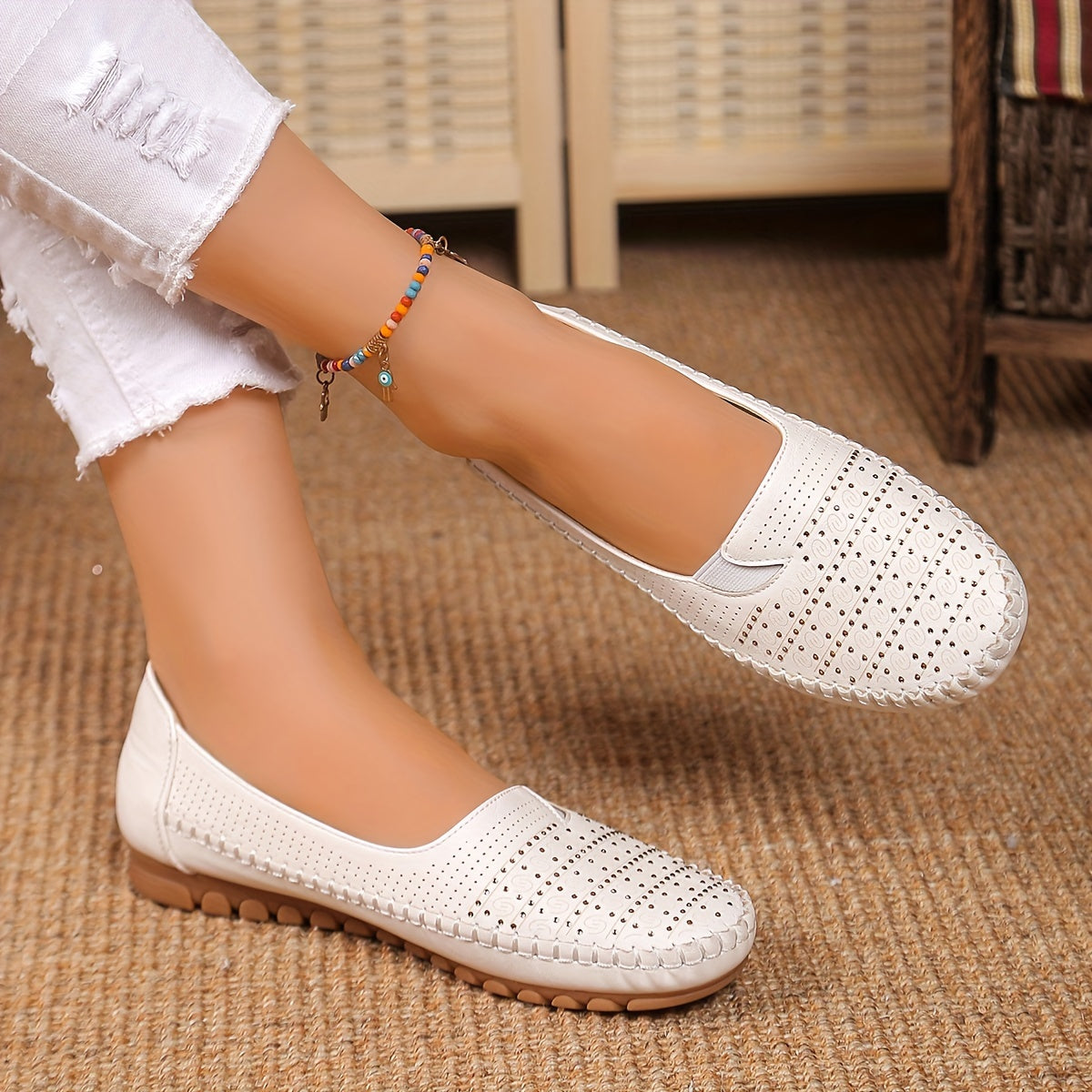 Women's White Slip-On Flat Shoes Lightweight Perforated Casual Comfort