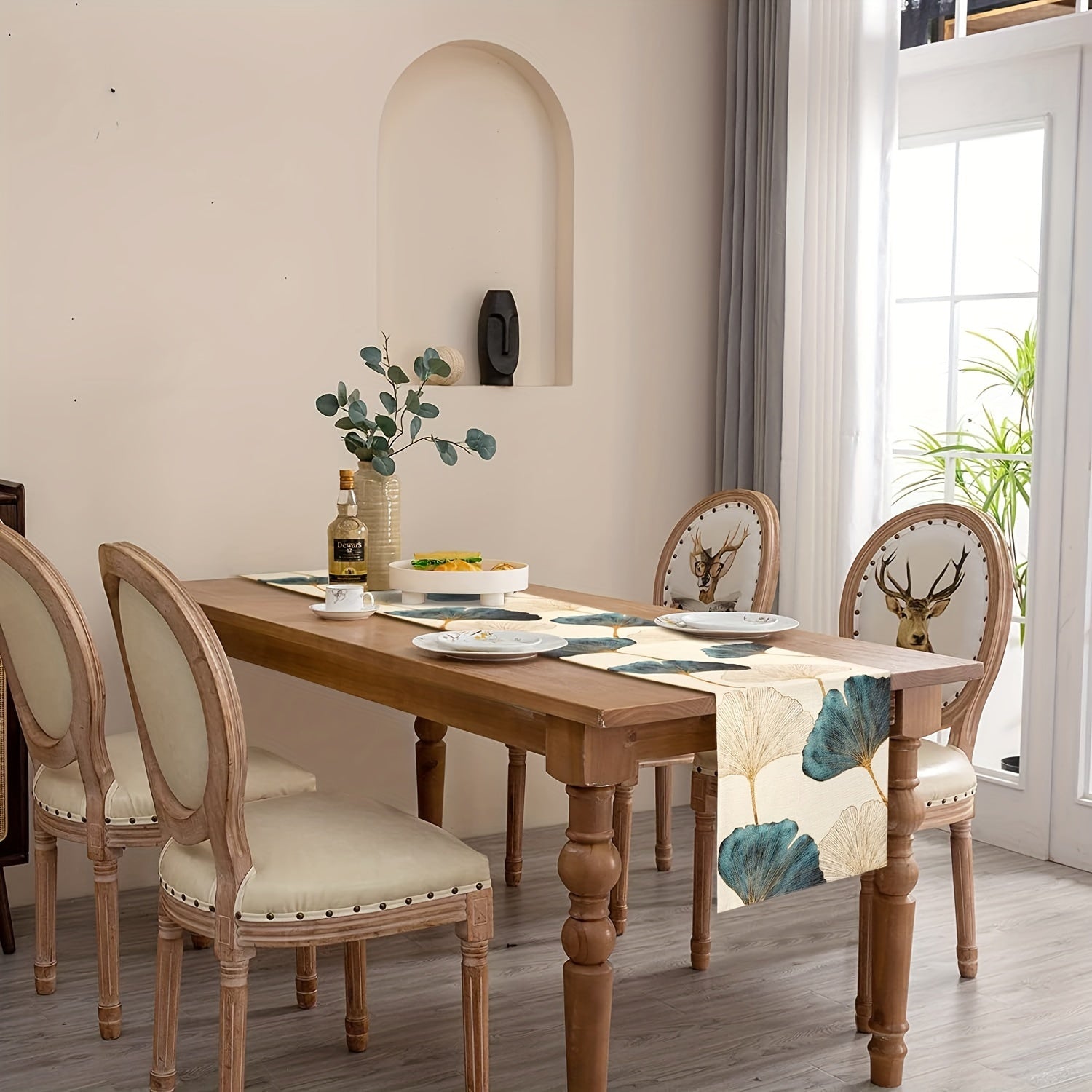 Blue Green Golden Ginkgo Leaf Pattern Table Runner for Rustic Farmhouse Decor