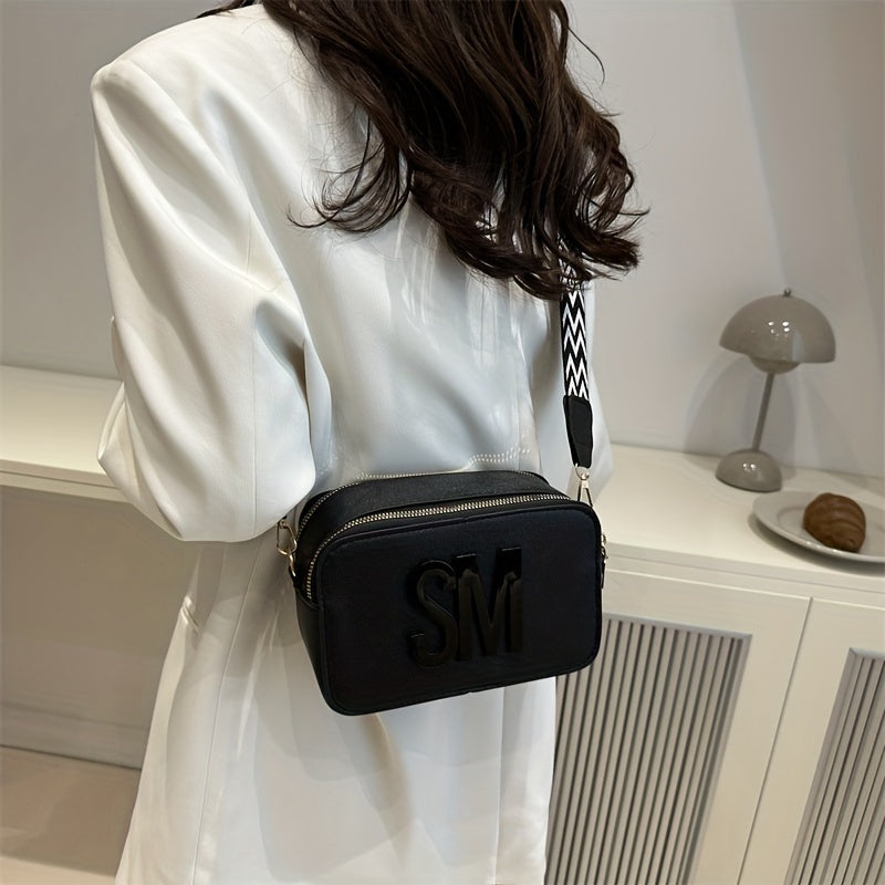 PU Crossbody Bag with Adjustable Wide Strap Zigzag Pattern in White Black Pink Light Brown