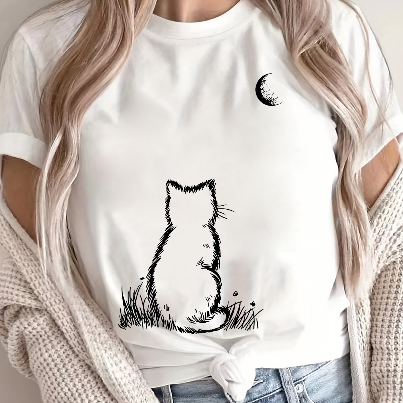 Women's Plus Size Loose Fit T Shirt Pink Geometric Cat Moon Print Casual Top