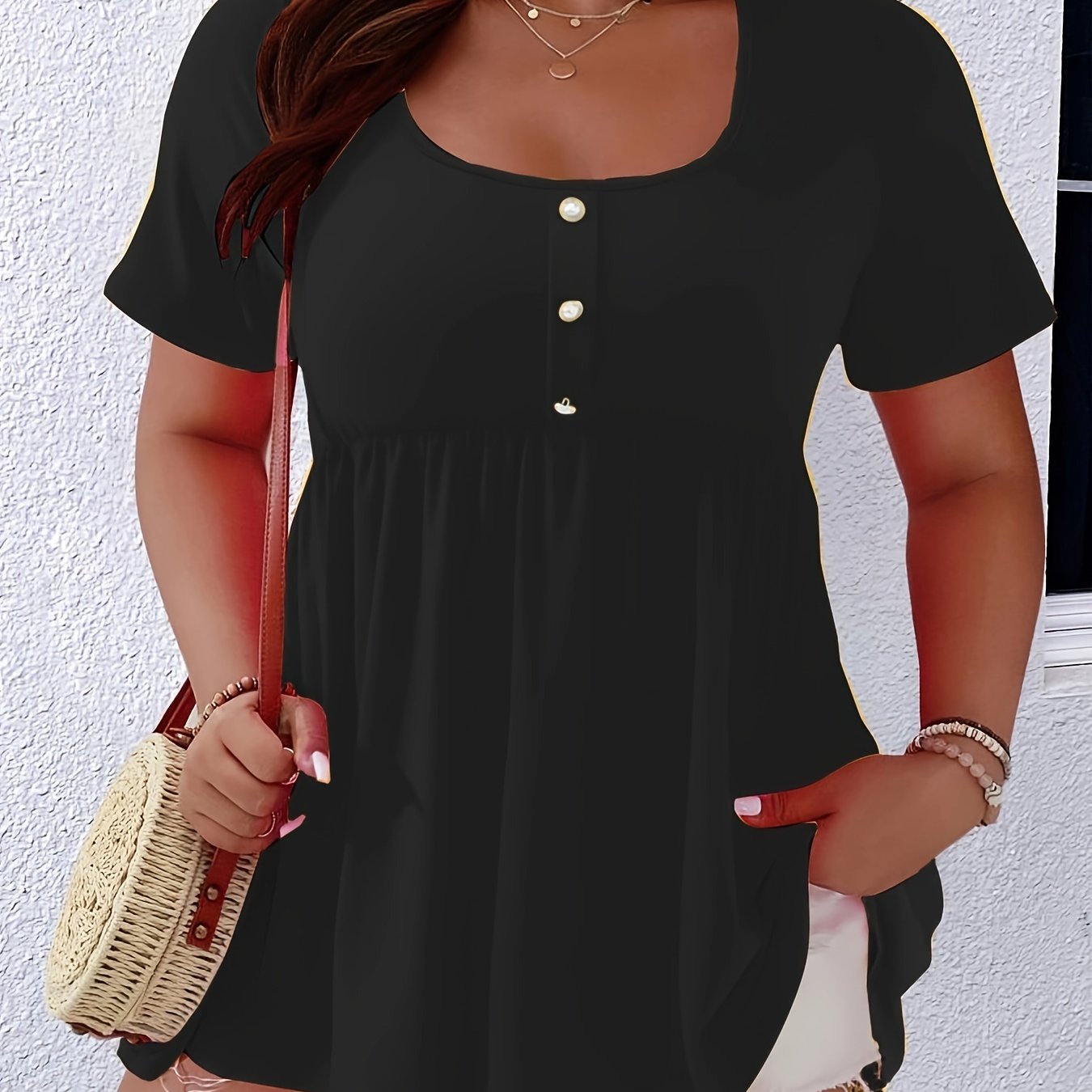 Mujer talla grande blusa de botones negra manga corta ropa casual de tela elástica