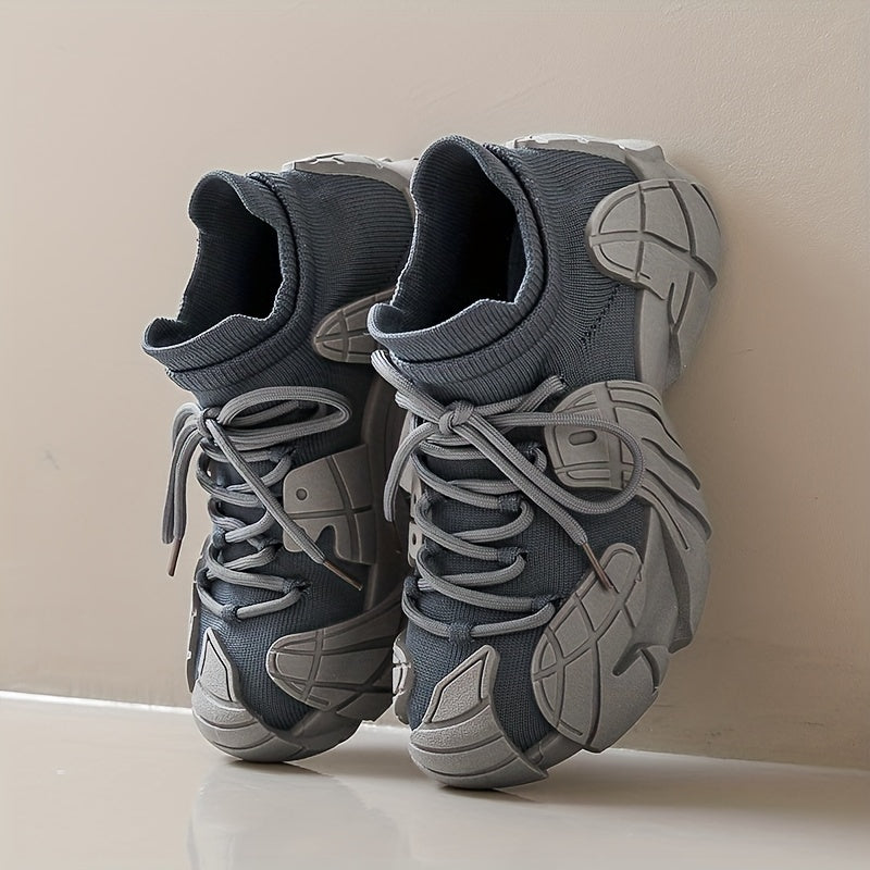 Women's Breathable Knit Sneakers Octopus Design Low-Top Lace-Up Shoes Navy Blue Grey