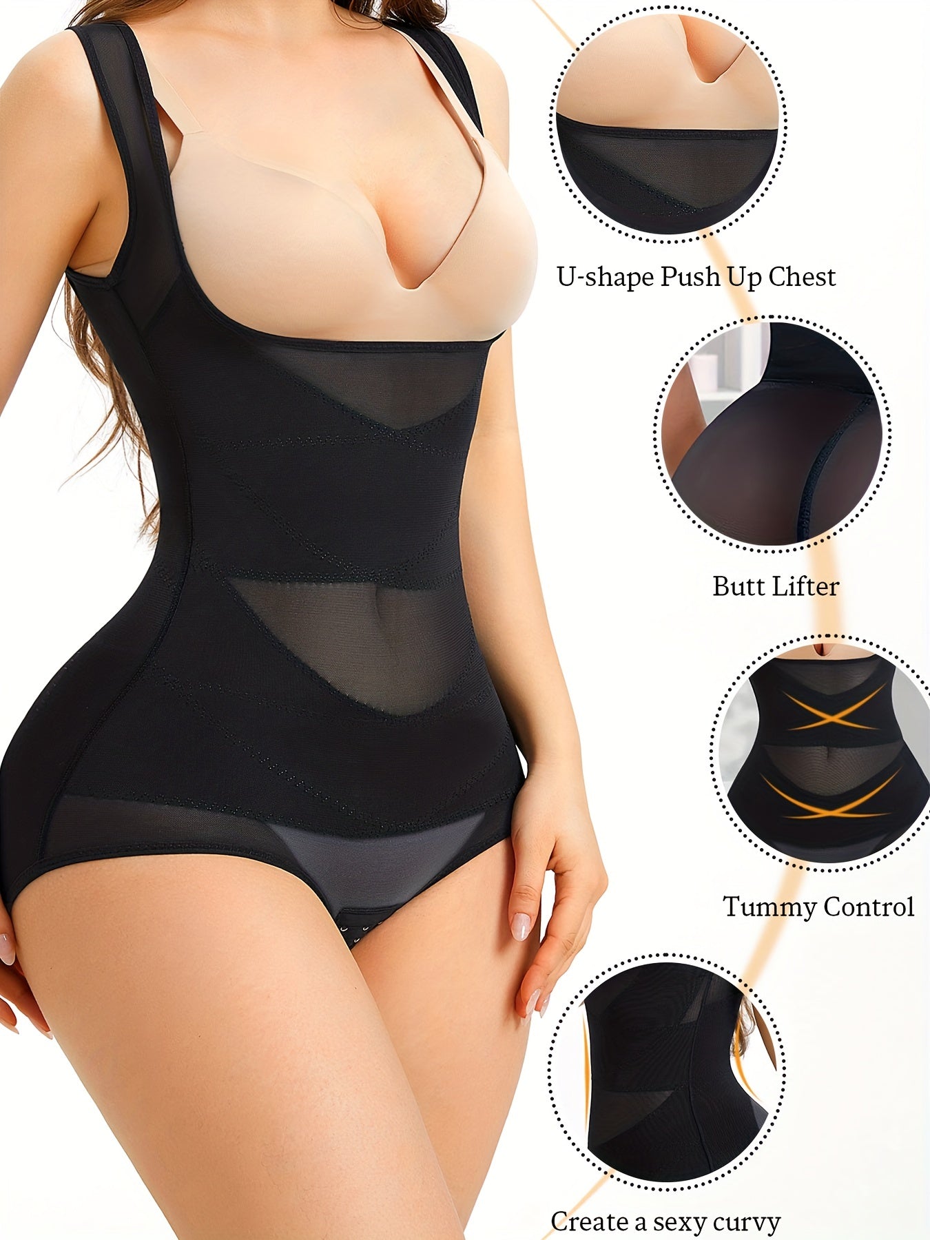 Qorin nazorati va butni ko'tarish bilan kontrast to'rali shakllantiruvchi bodysuit, ayollar uchun ochiq ko'krakli tana shakllantiruvchi.