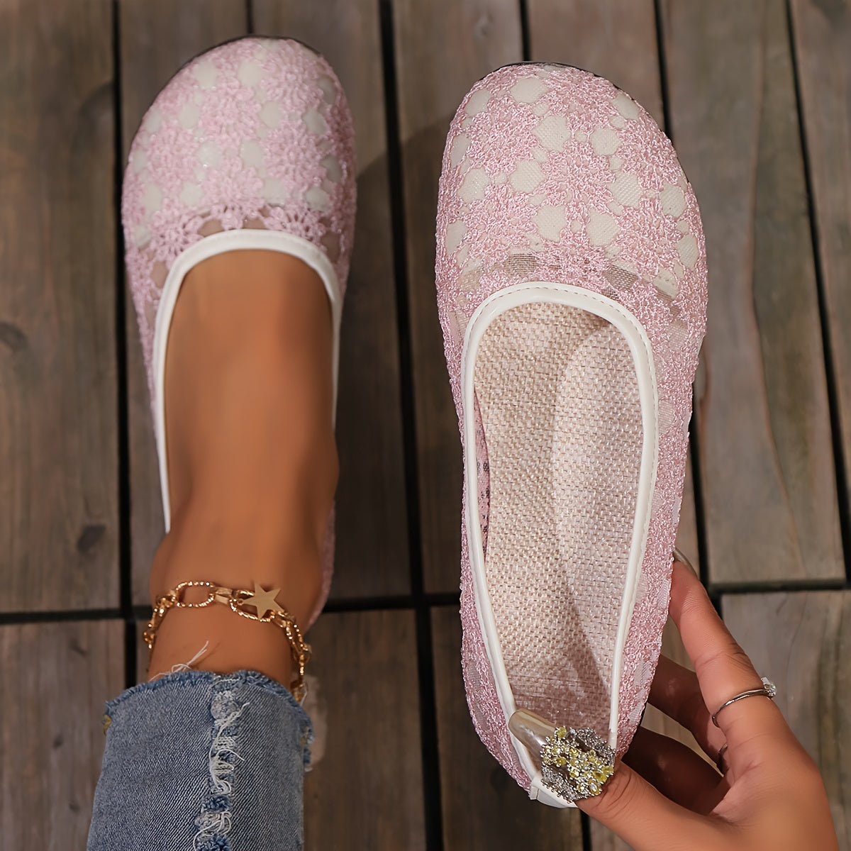 Women's Breathable Mesh Lace Ballet Flats Casual Slip-On Shoes