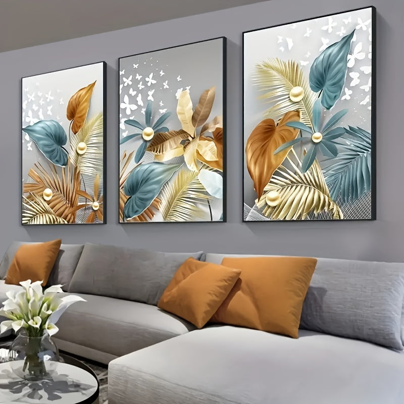 Set of 3 Flower Leaf Canvas Wall Art Posters Frameless for Living Room Bedroom Kitchen Office