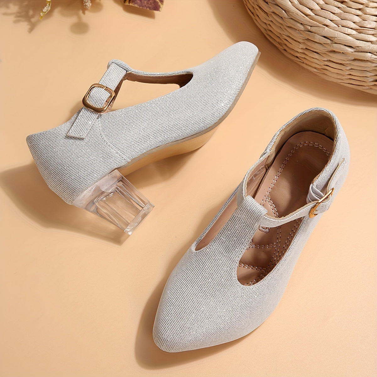 Girls High Heeled Shoes Spring Autumn Embroidered Flower Glitter PVC Pointed Toe