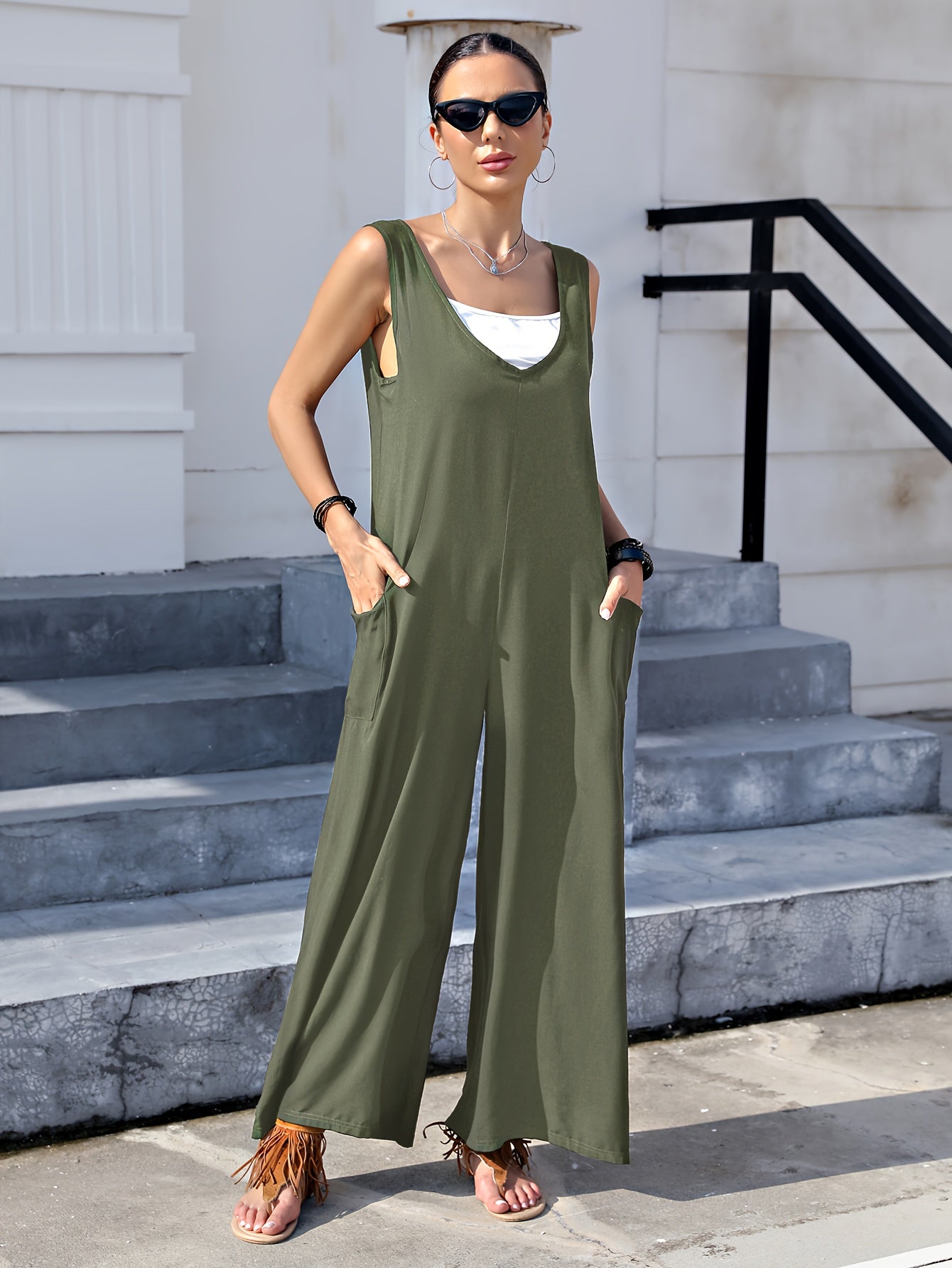 Mono casual de tirantes de talla grande para mujer con escote en V profundo y pantalones anchos y sueltos