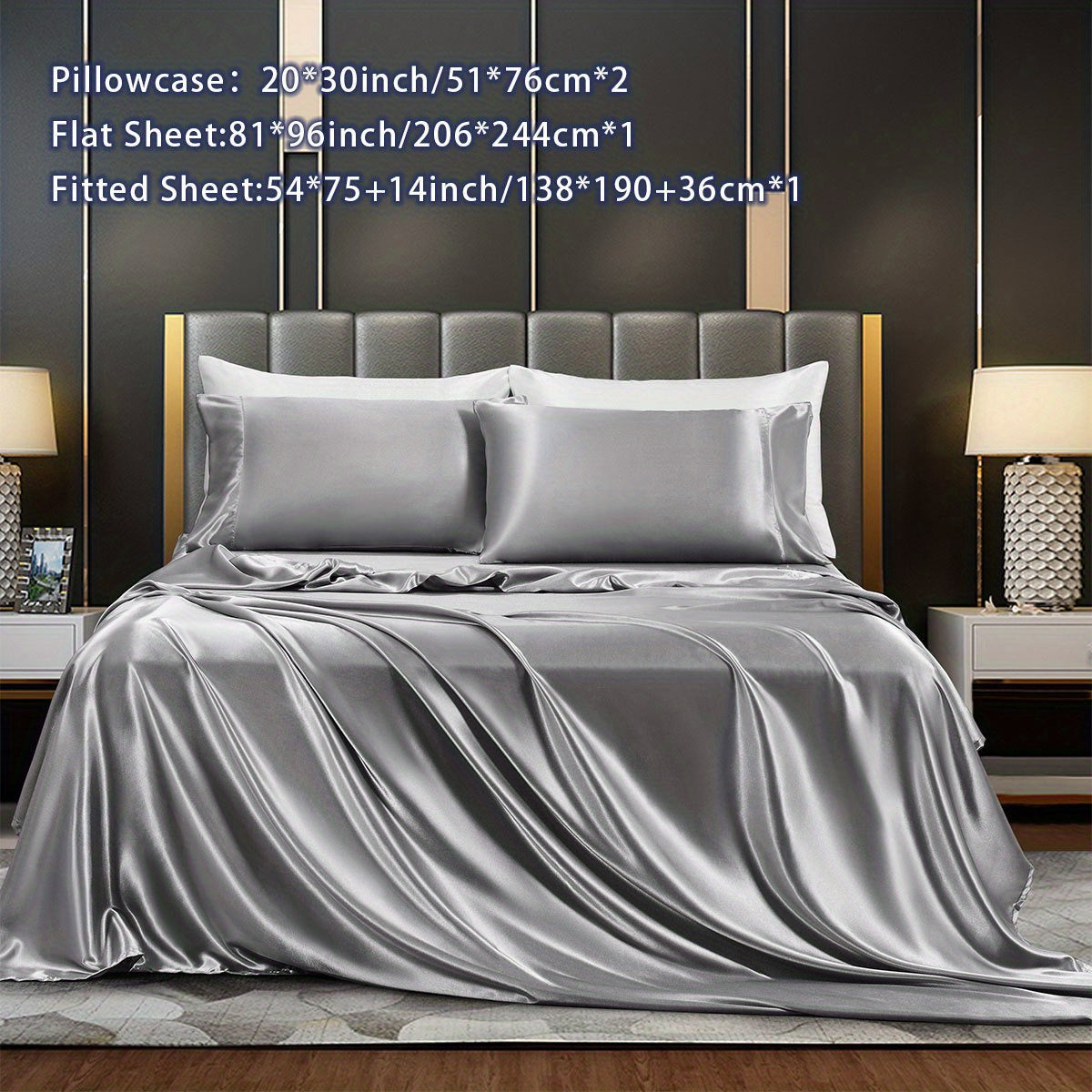 Satin Bed Sheets Set Fitted and Flat Sheets with Pillowcases for Bedroom