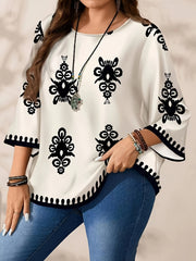 Women's Long Sleeve Round Neck Blouse Black Floral Print All-Season Comfortable