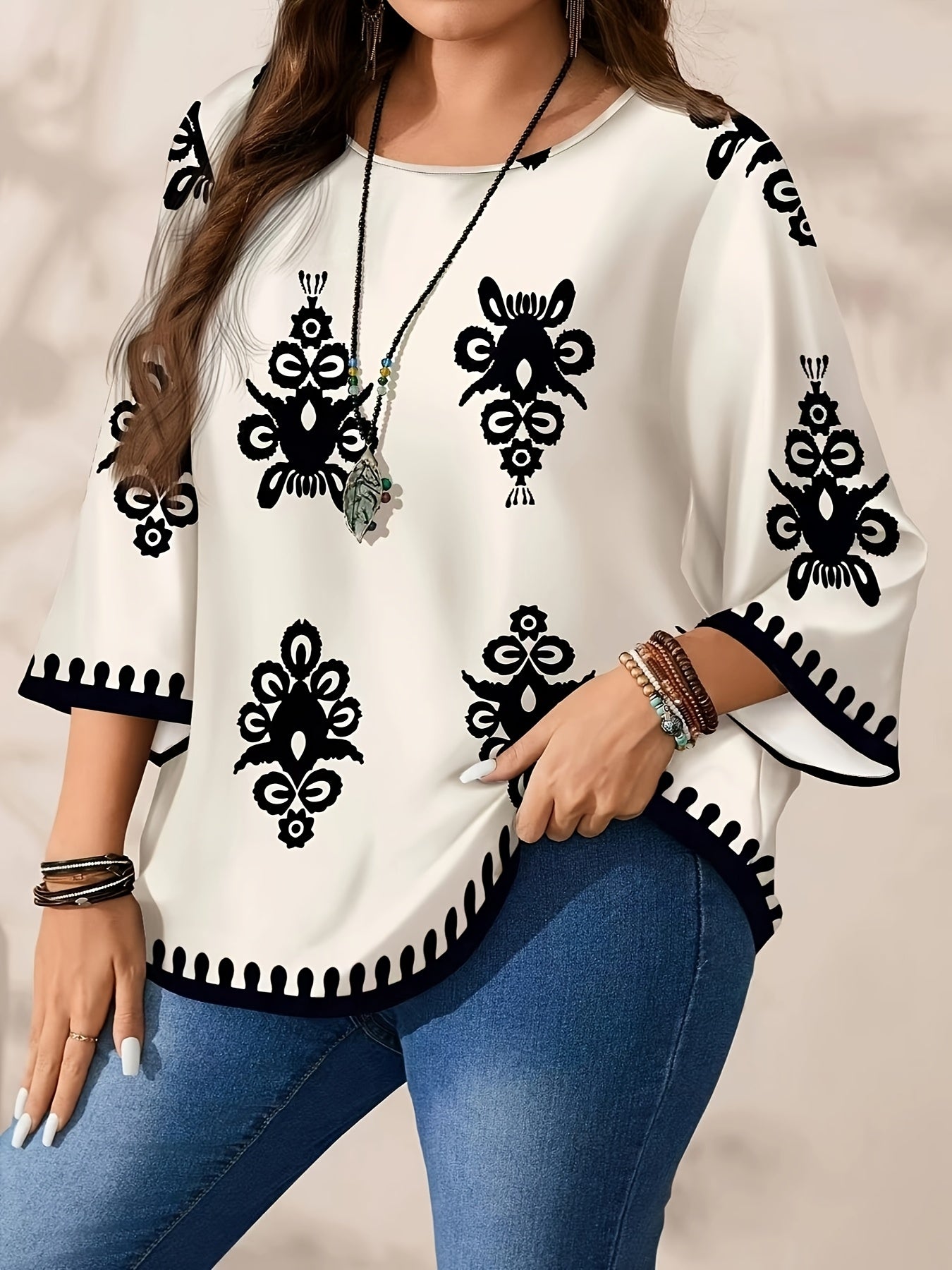 Women's Long Sleeve Round Neck Blouse Black Floral Print All-Season Comfortable