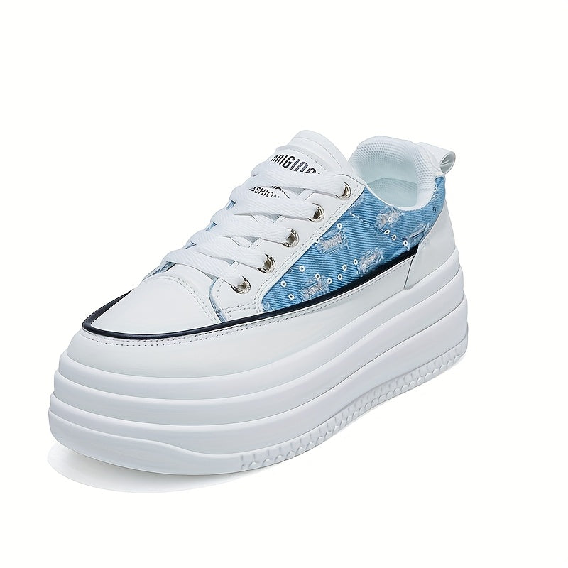Women's Casual White Sneakers Low-Top Lace-Up Breathable Fabric
